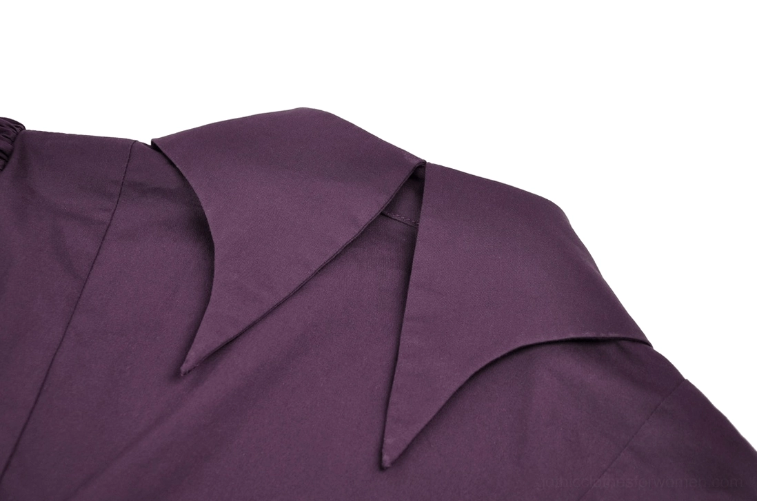 Purple gothic lace puff sleeve blouse with crescent moon brooch and layered black lace trim, additional detail view