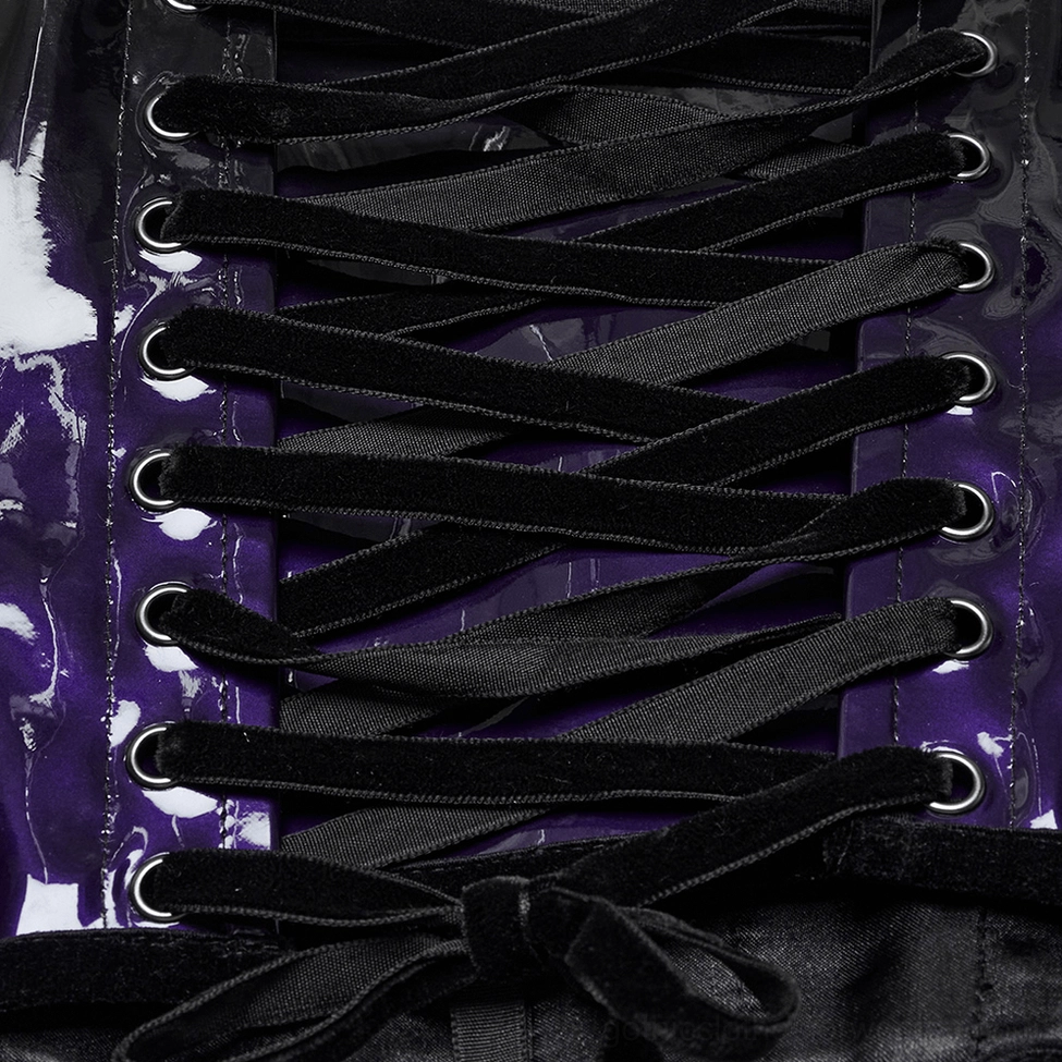 Purple-to-black gradient patent leather gothic underbust corset, full frontal fashion photography on model, alternative goth styling
