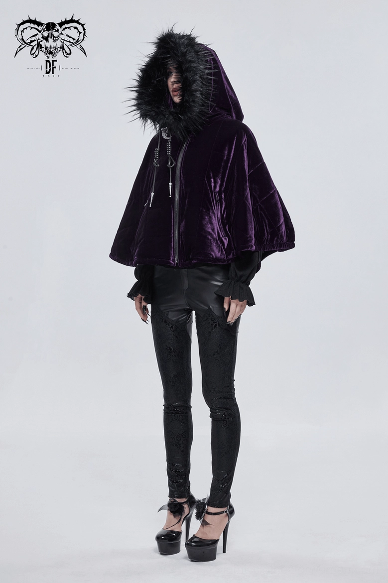 Gothic purple velvet hooded cape main product image featuring complete silhouette and design elements