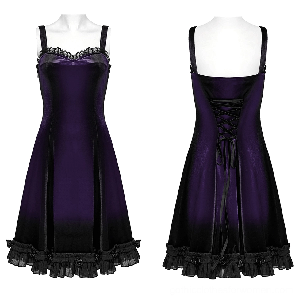 Purple ombre velvet gothic dress with lace neckline and ornamental rose hem - front mannequin display