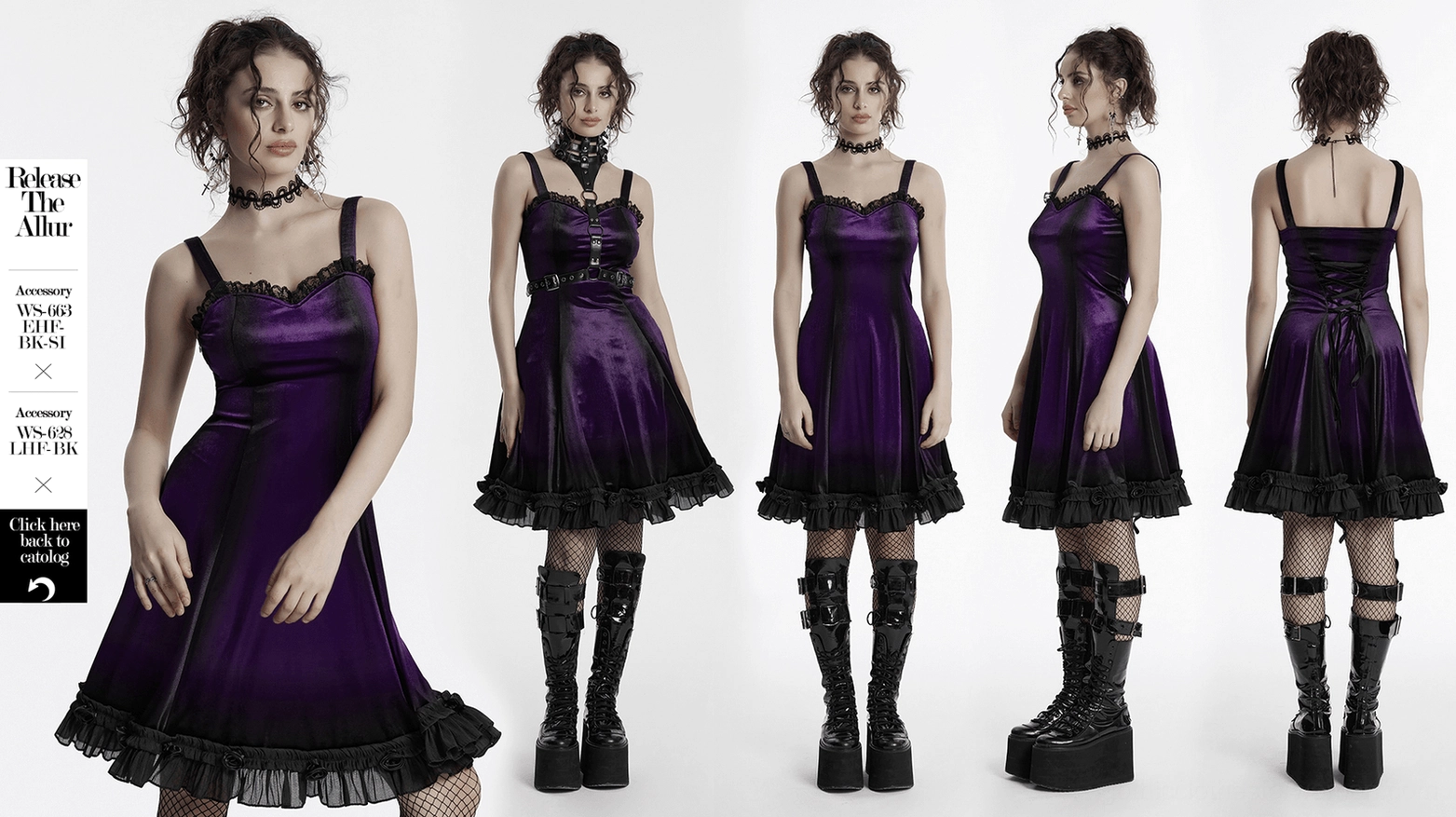 Model wearing purple ombre velvet gothic slip dress showing fit and drape - fashion photography