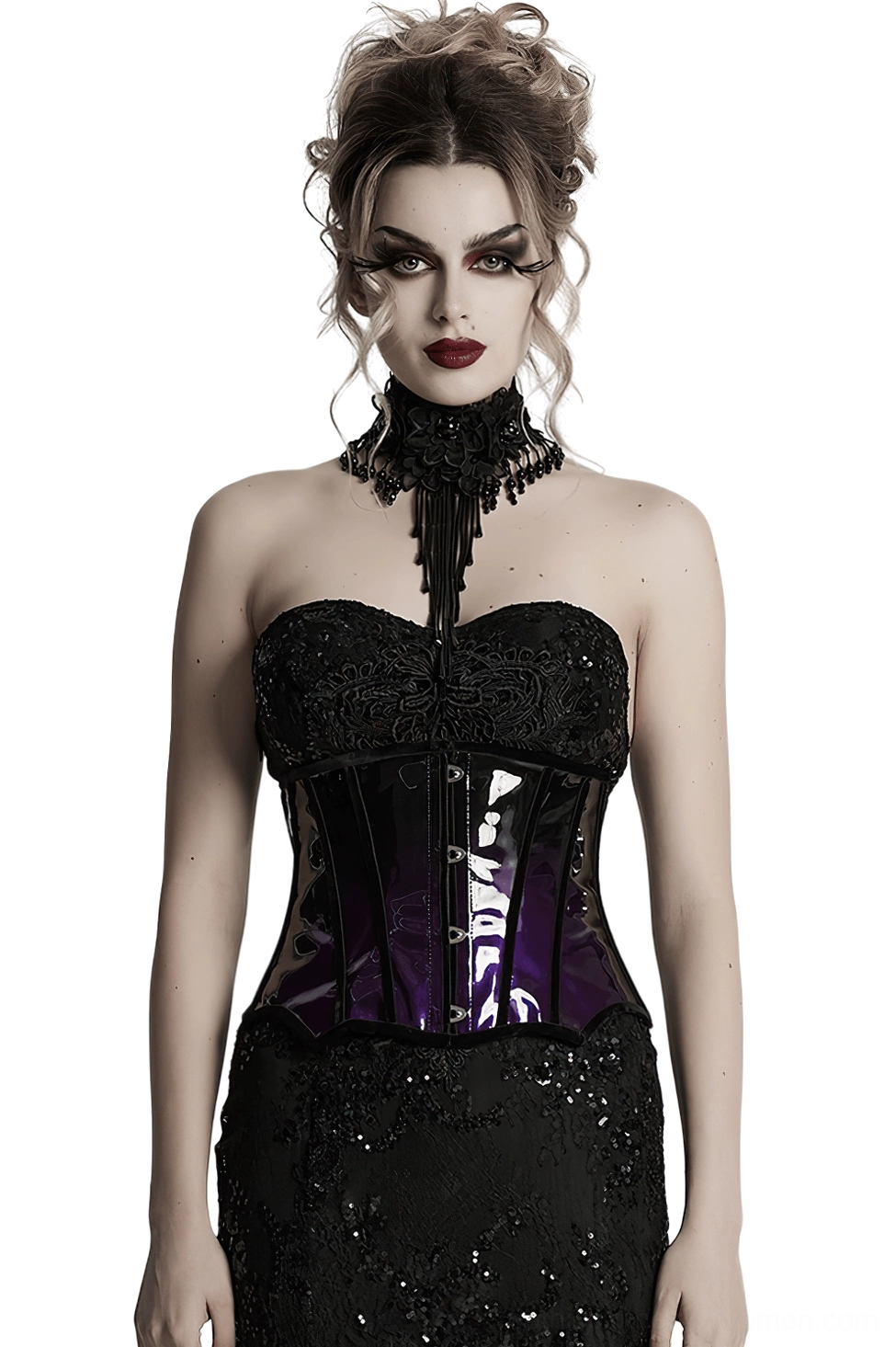 Purple-to-black gradient patent leather underbust corset with metal front clasps, frontal full-body view on gothic fashion model with studio white background