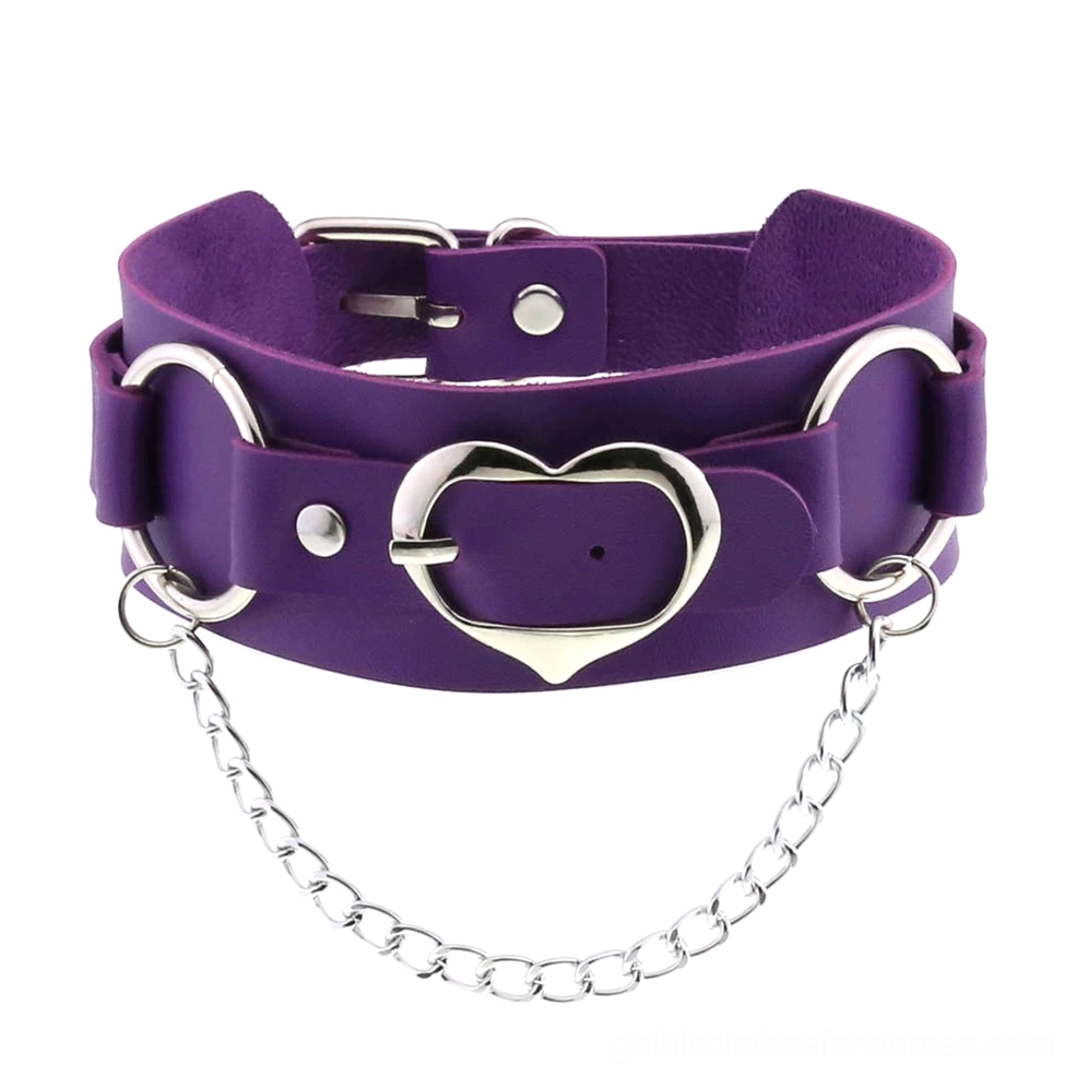 Deep purple PU leather heart choker with silver pendant and adjustable metal chain