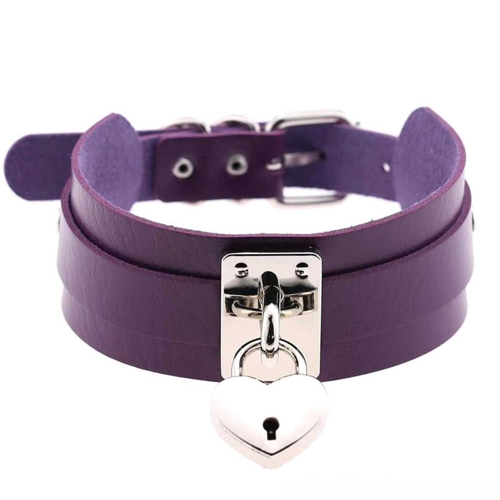 Purple gothic leather heart lock choker with silver metal lock - dark mystical variant