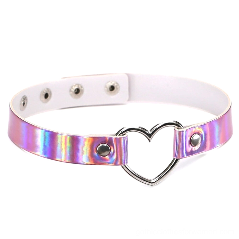 Purple holographic heart choker with iridescent PU leather band and snap button adjustment system