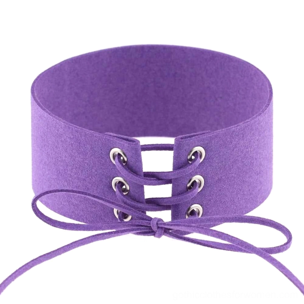 Purple lace-up velvet choker featuring adjustable closure, traditional gothic color