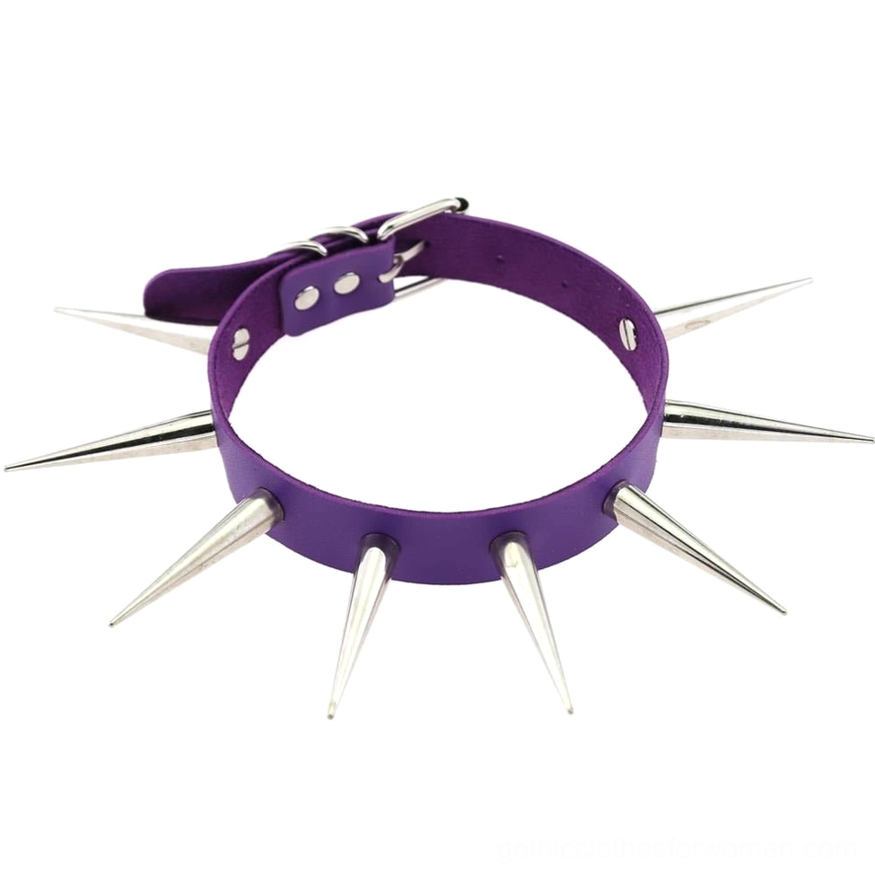 Purple faux leather gothic choker with sharp metal spikes flat lay on white background showing full necklace