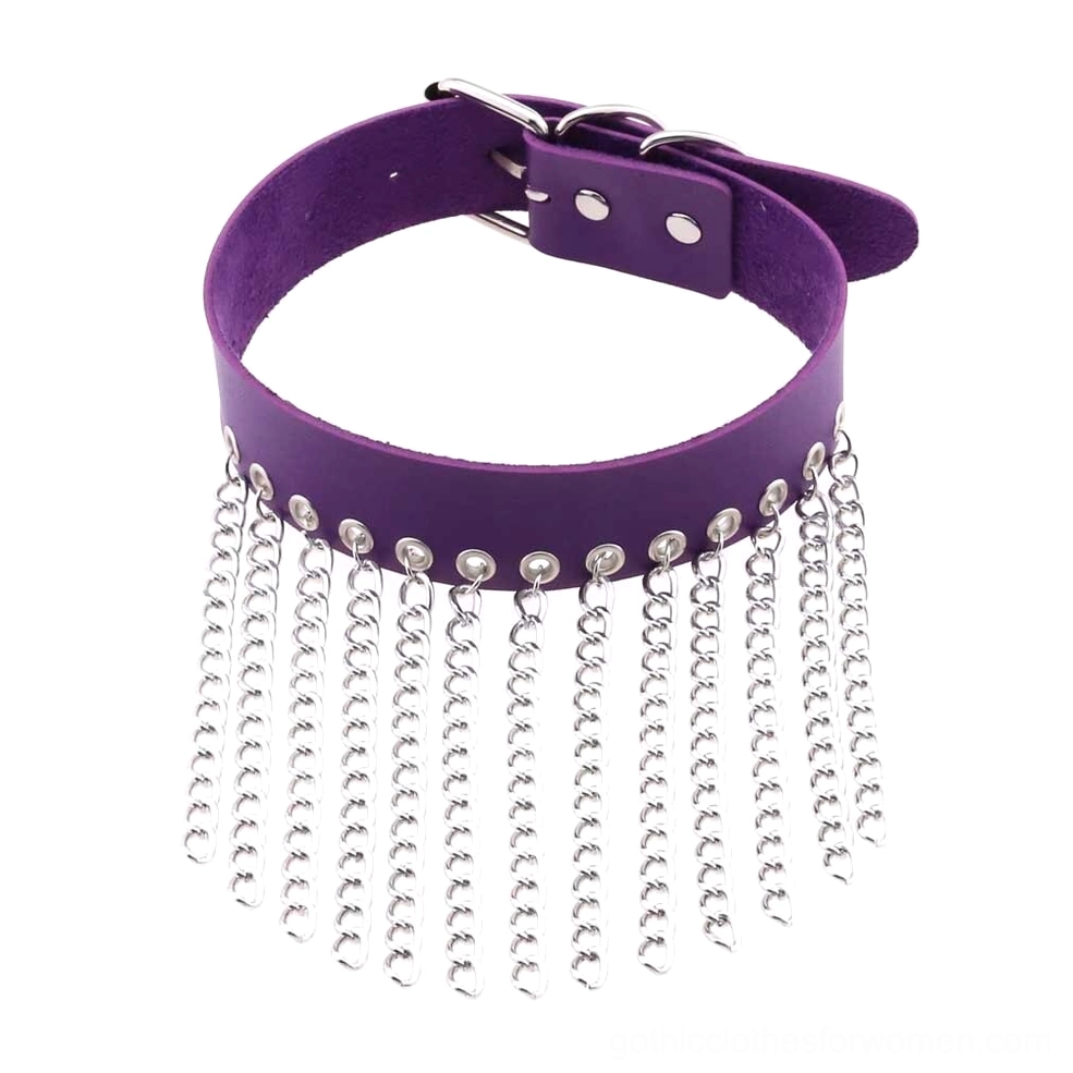 Purple leather choker gothic punk necklace with decorative silver hanging chains