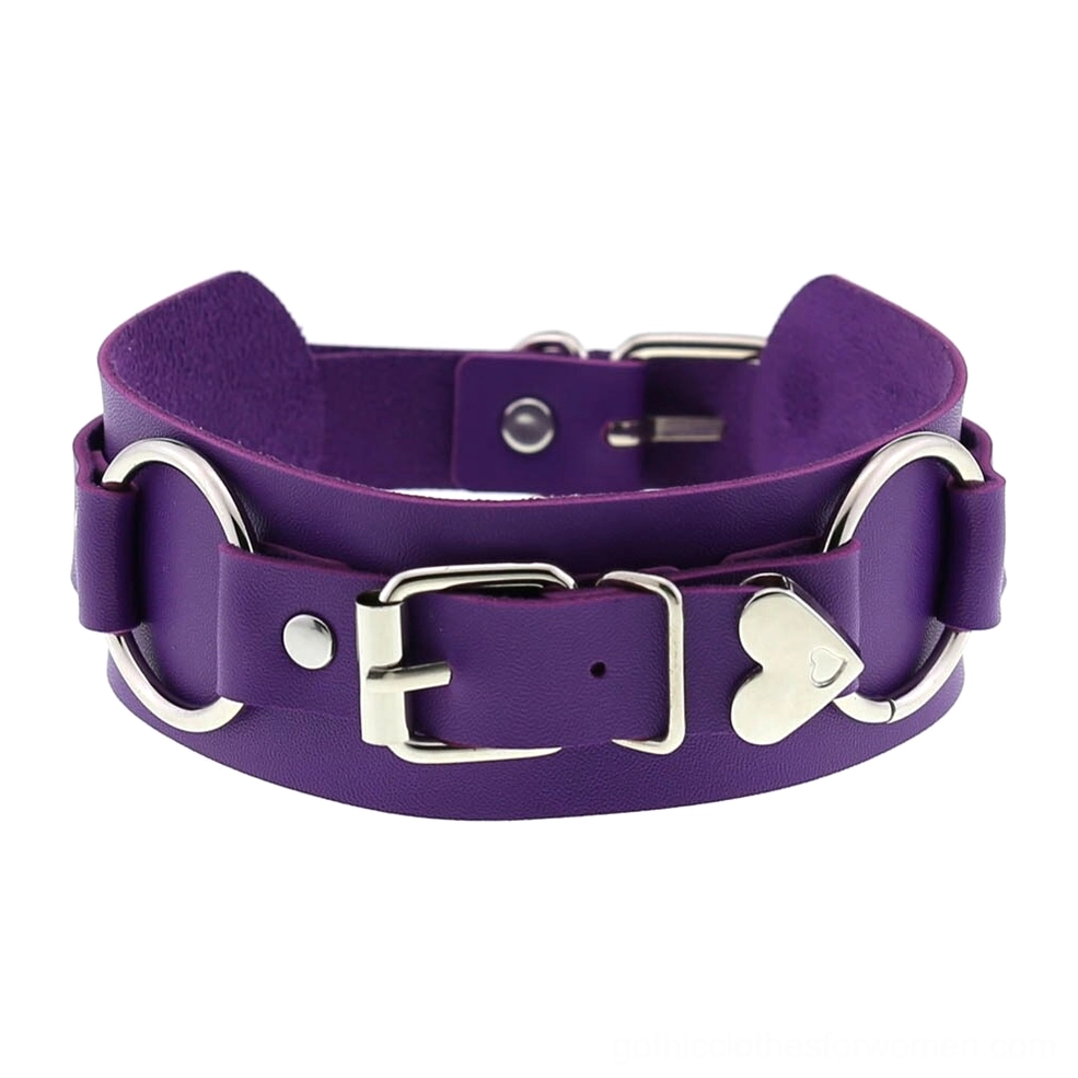 Purple leather choker necklace with silver hardware and heart-shaped metal pendant