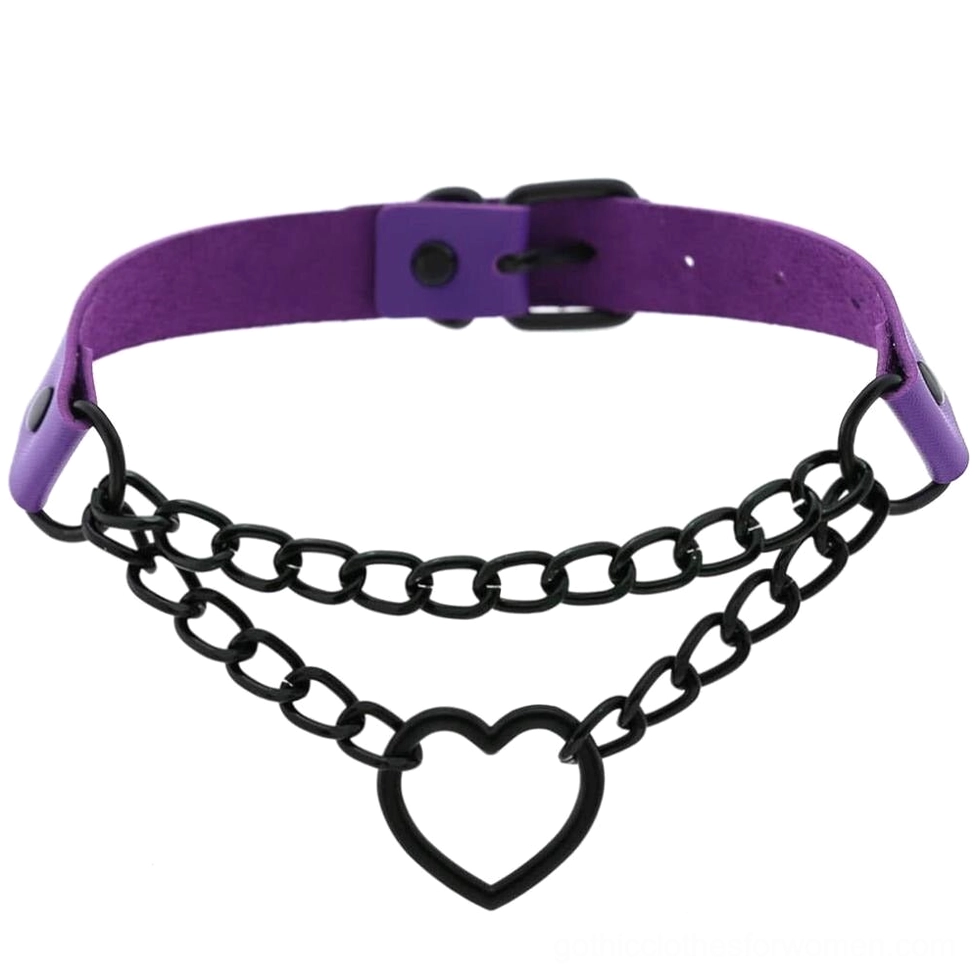 Purple PU leather heart choker with matte black chains and hollow heart charm, adjustable design