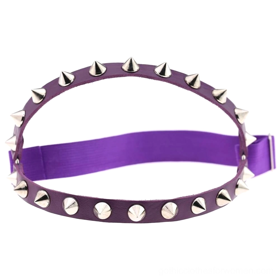 Purple elastic leather leg garter with silver spike rivets adjustable strap gothic mystical aesthetic