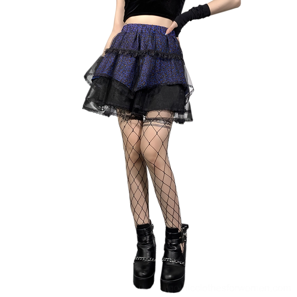 Purple leopard print gothic mini skirt with black tulle overlay and lace trim, full-body front view on model