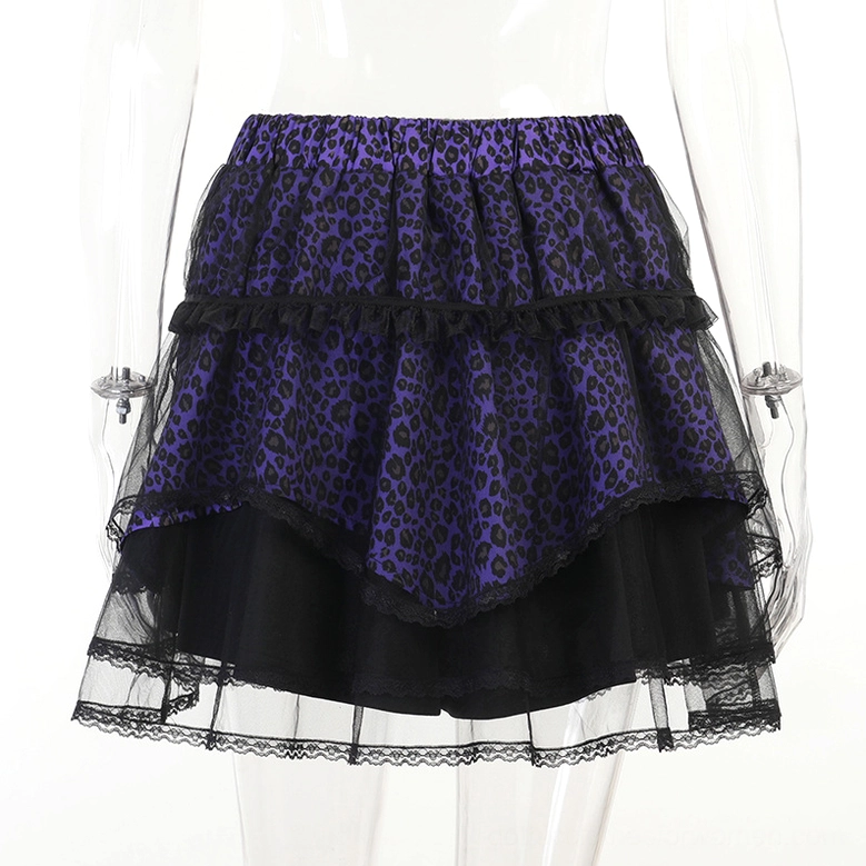 Purple leopard print gothic mini skirt main product shot showcasing full design, ruffles, lace and overall silhouette