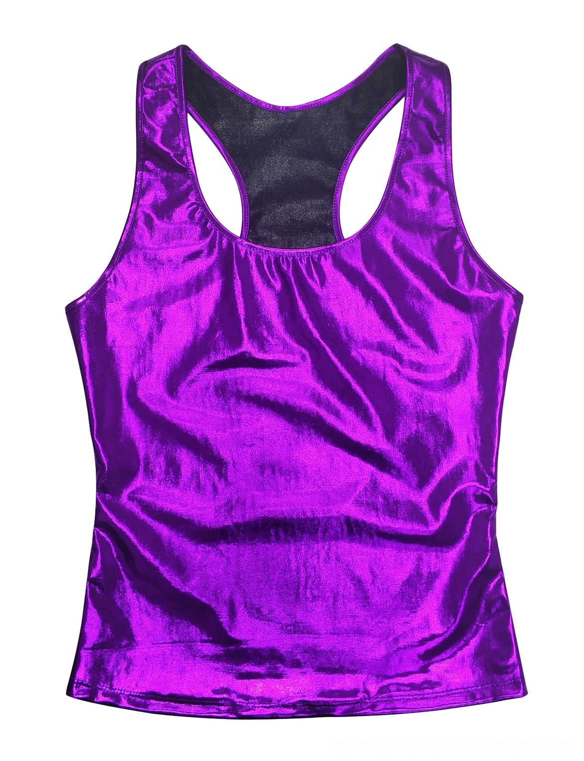 Purple metallic racerback tank top front flat lay, shiny gothic camisole deep purple hue