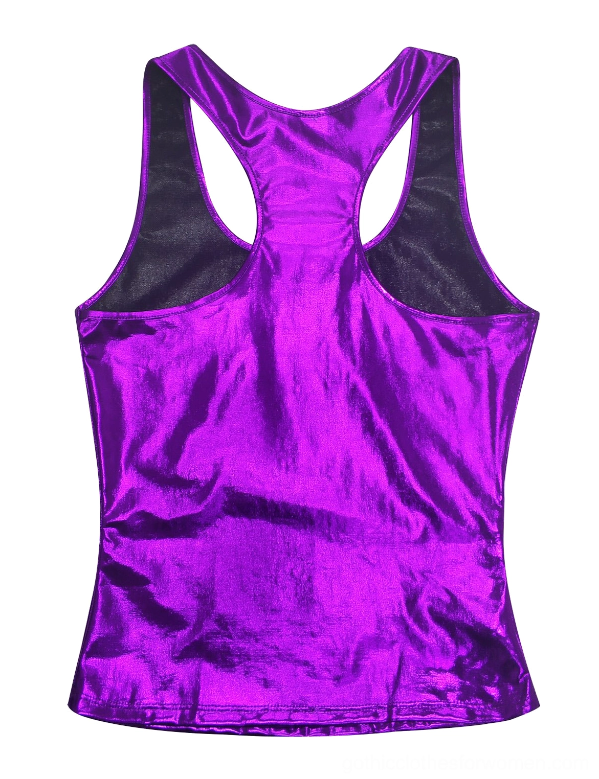 Purple glossy tank top rear flat lay showing cutout design, metallic gothic camisole back view