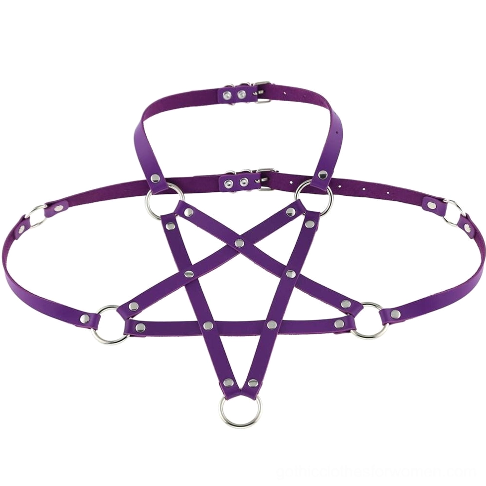 Purple PU leather pentagram chest harness with geometric design and adjustable chain necklace component