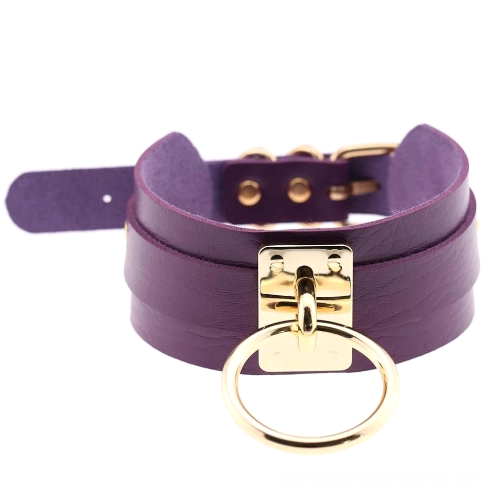 Purple PU leather double-layer bondage choker with gold metal ring, mystical gothic statement necklace