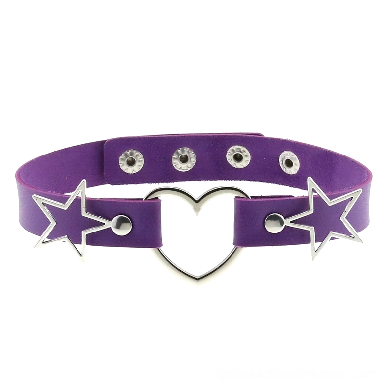 Purple PU leather gothic choker with heart pendant and hollow star decor, adjustable snap fasteners, studio flat lay photography
