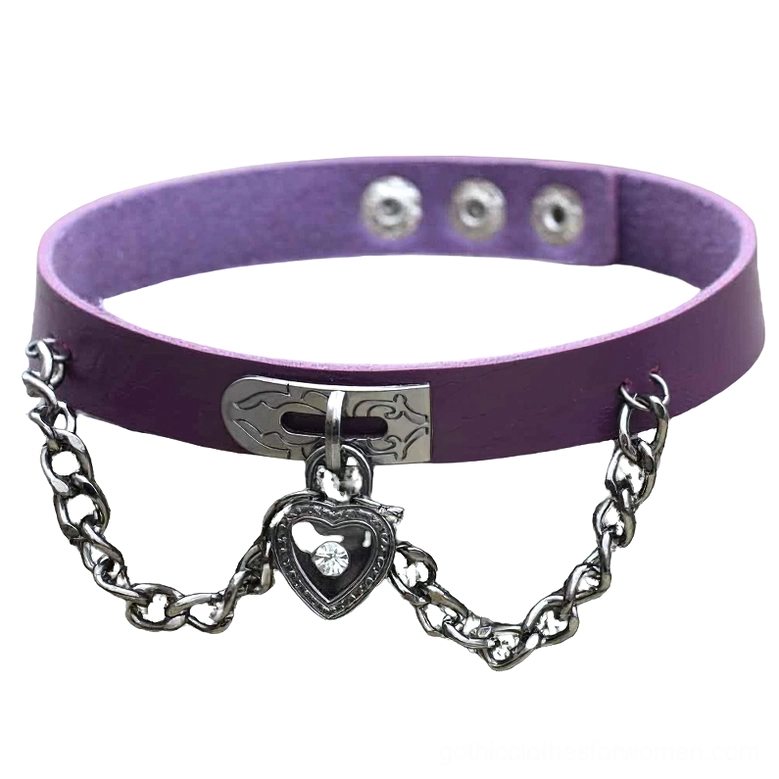 Purple PU leather gothic choker necklace with heart-shaped lock pendant and silver chain - detail view