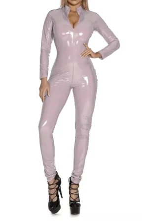 Purple metallic PU leather gothic jumpsuit front view with long sleeves and stand collar, model wearing