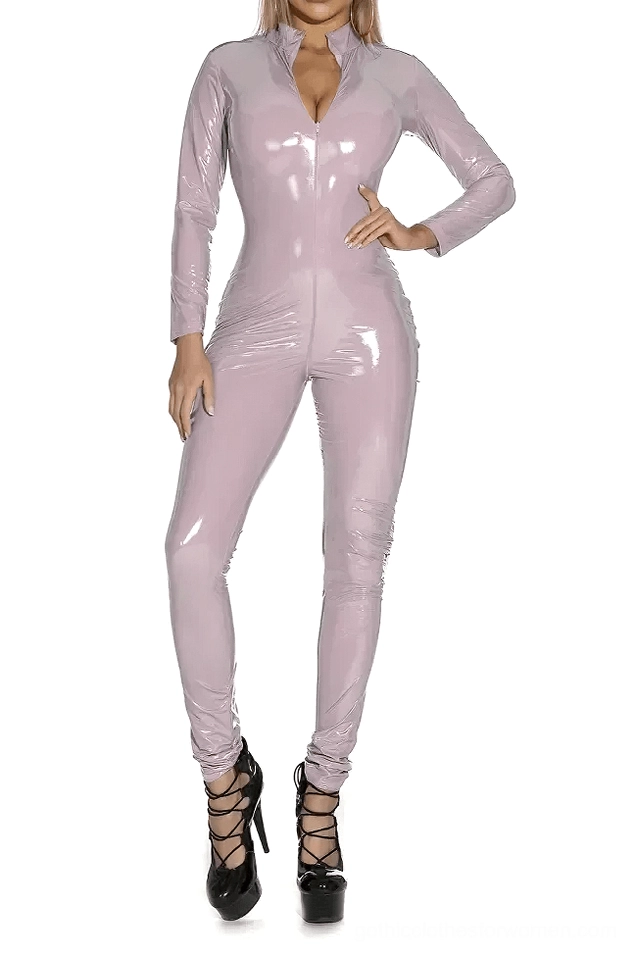 Purple metallic PU leather gothic jumpsuit front view with long sleeves and stand collar, model wearing