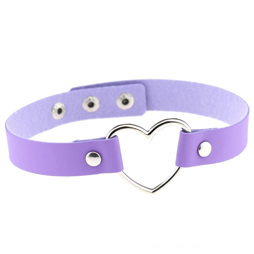 Purple PU leather heart choker necklace with hollow silver heart detail on white background