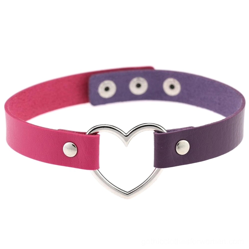 Purple and rose red lavender gothic choker featuring heart-shaped metal pendant and adjustable fit