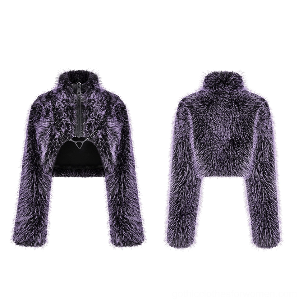Flat lay front view of purple shaggy cropped gothic jacket with chain ornament and zipper detail