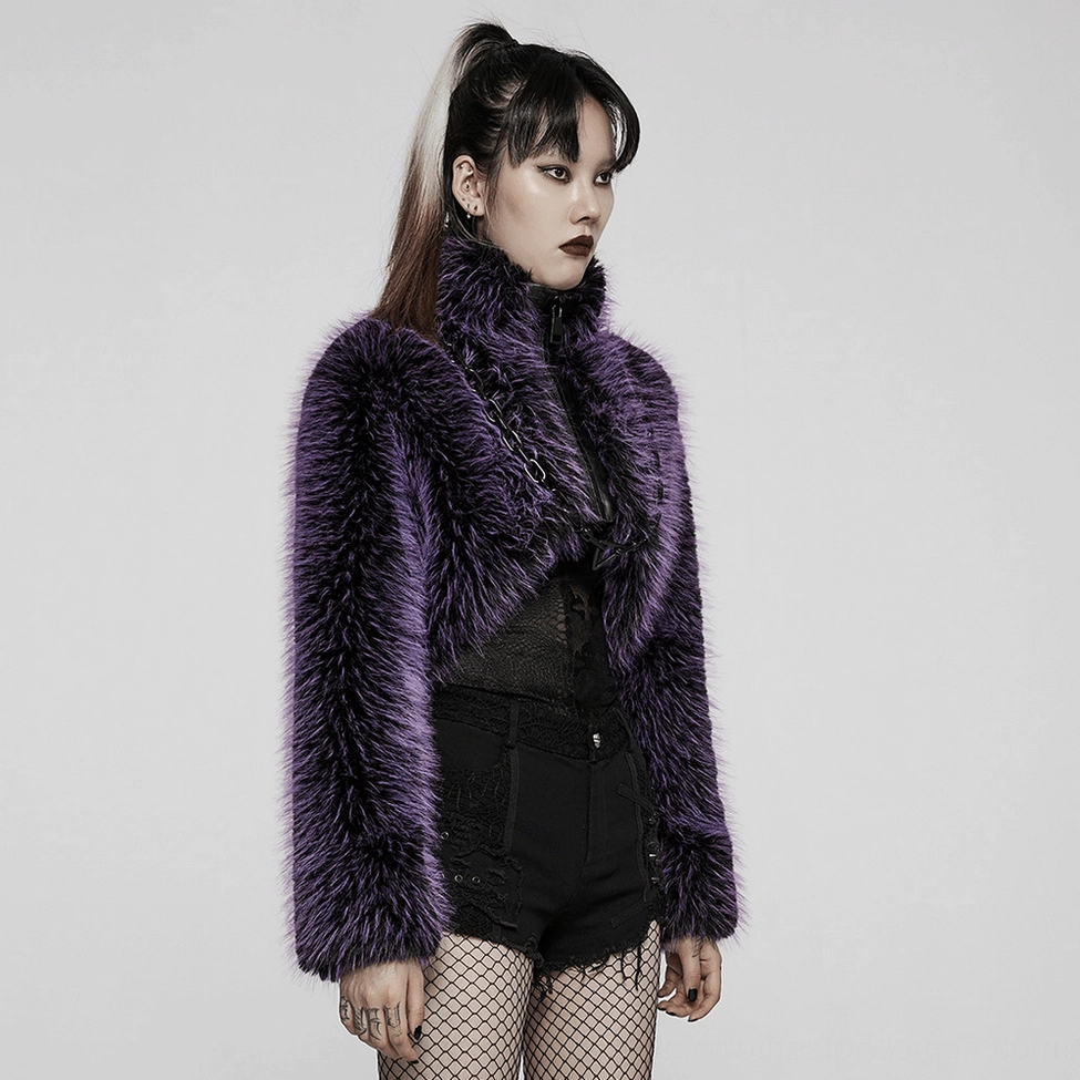 Three-quarter angle view of purple shaggy gothic jacket highlighting cropped cut and collar