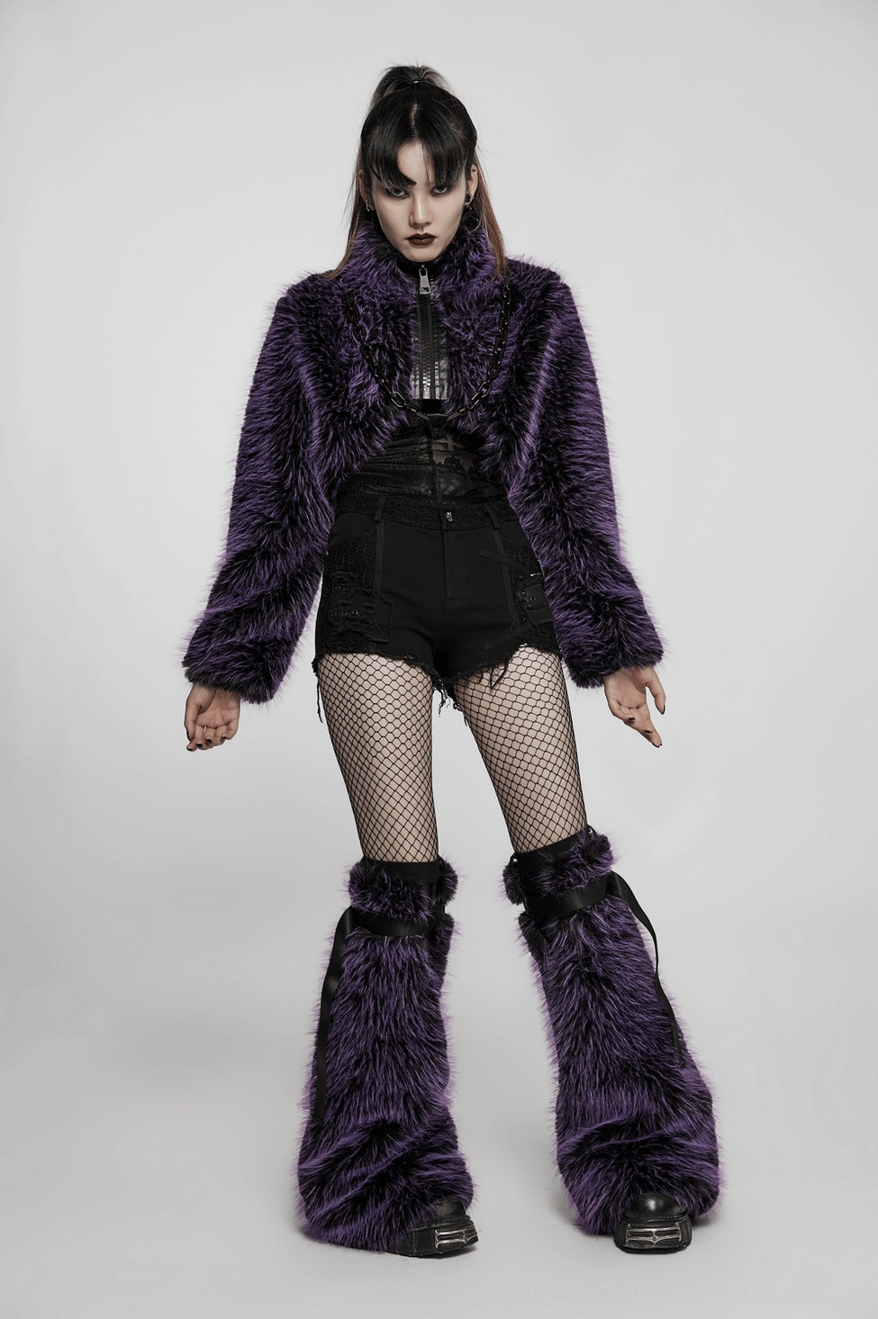 Full body front wearing view of purple shaggy cropped gothic jacket with high collar on model