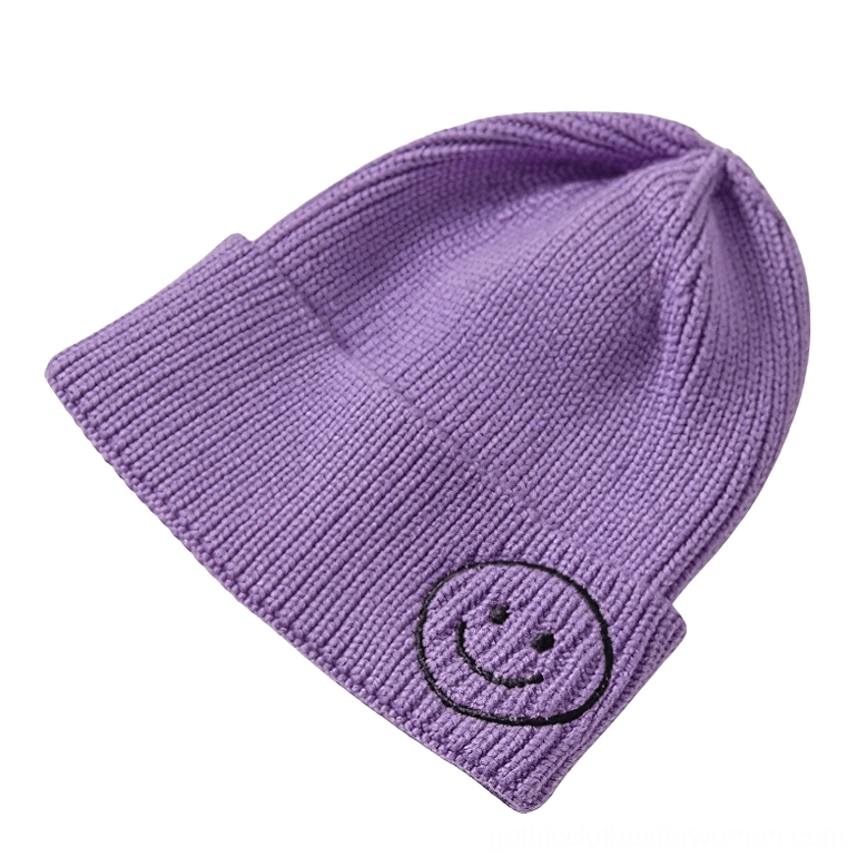 Purple smiley face knit beanie with embroidered smiley, dark gothic winter hat alternative fashion