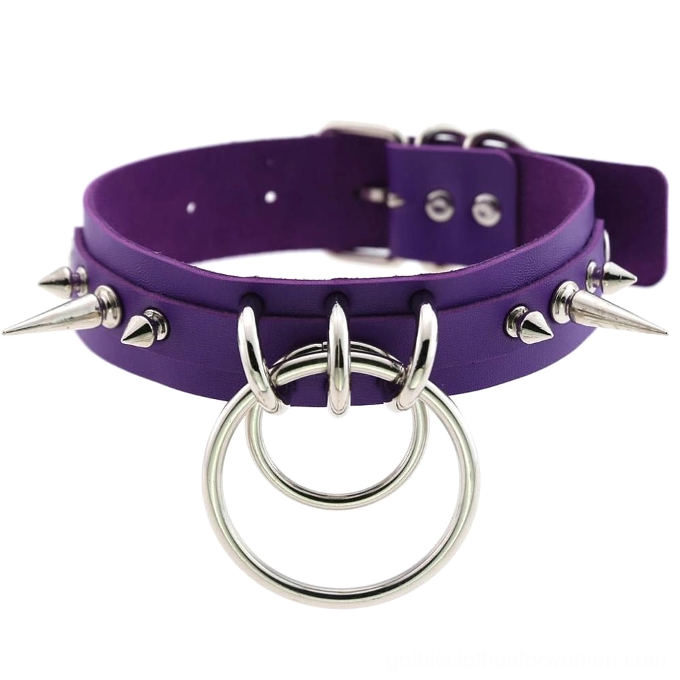 Purple spiked leather gothic choker with silver metal spike details, dual O-rings, and adjustable PU leather strap