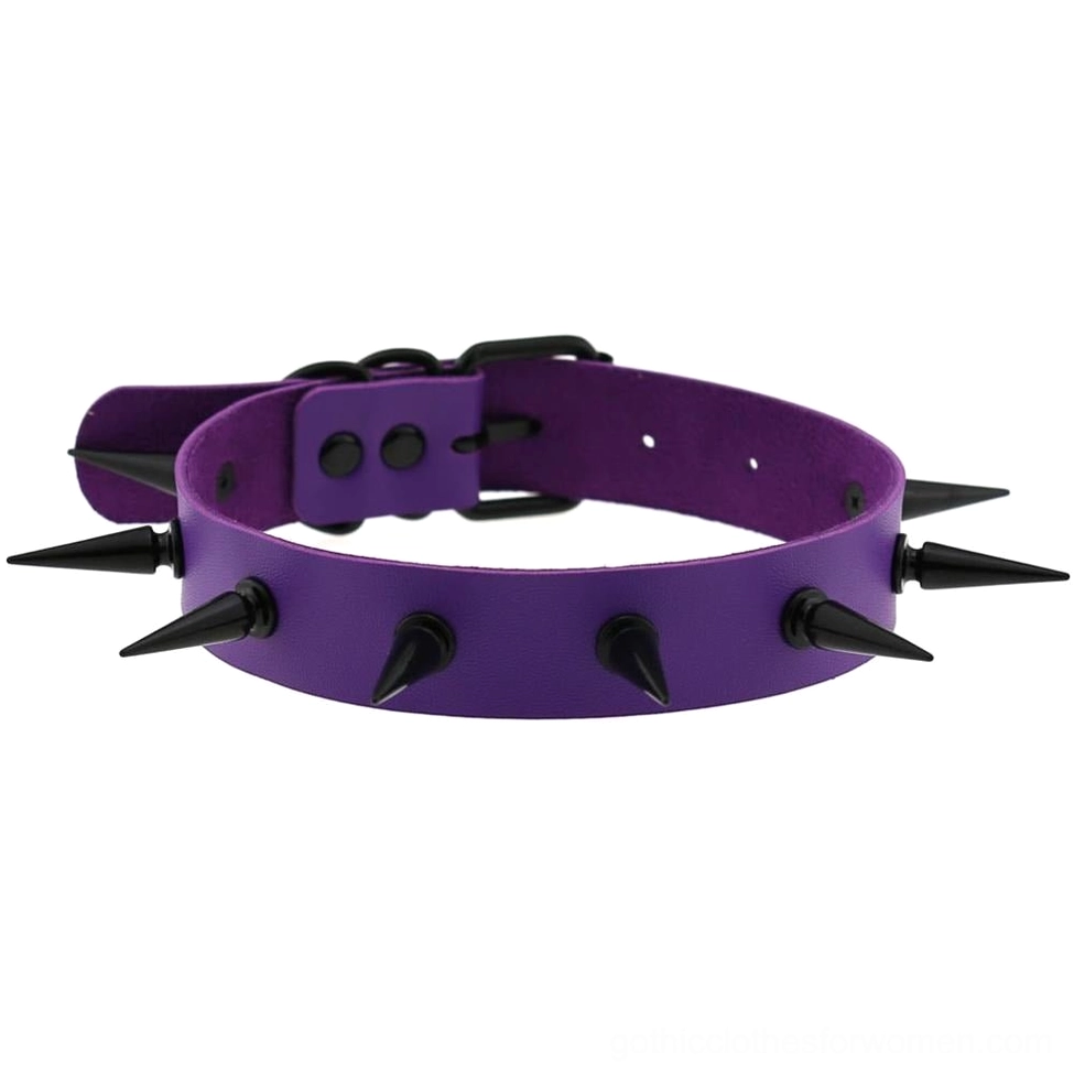 Purple spiked choker collar unisex gothic necklace with black spike decoration and adjustable sizing