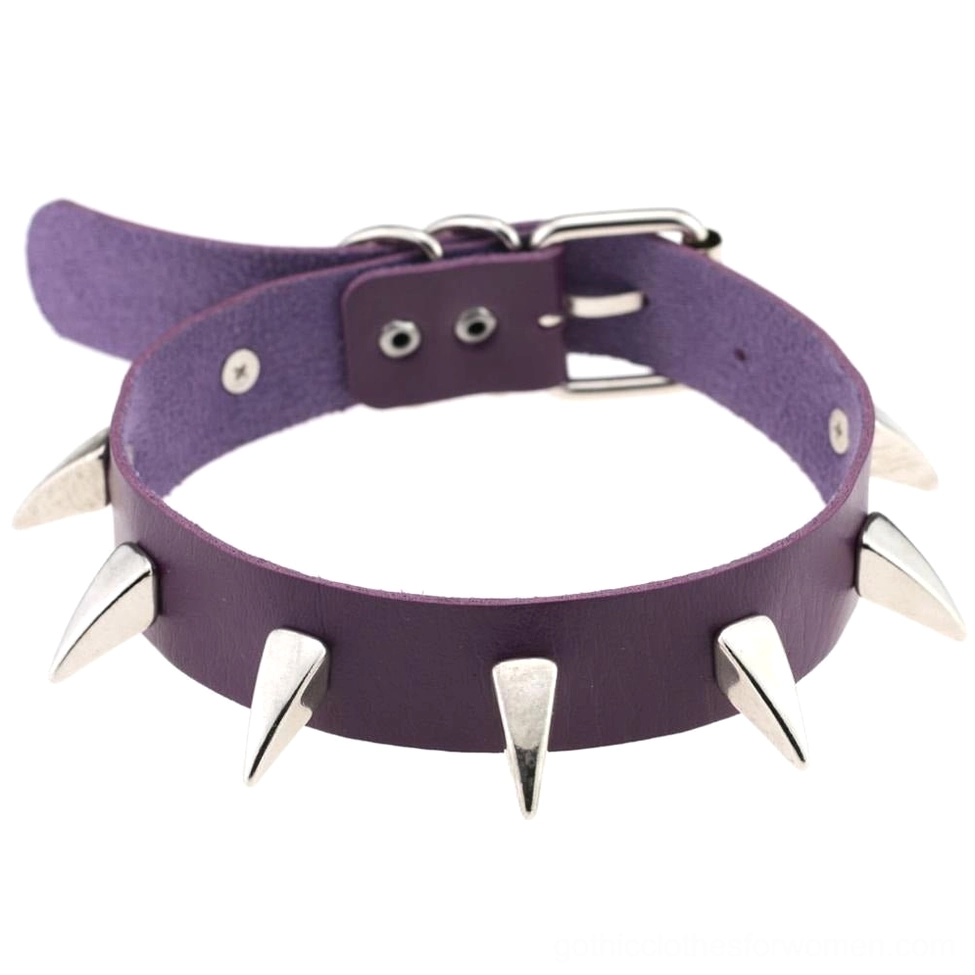 Purple spiked leather gothic choker with metal cone rivets and unisex adjustable fit