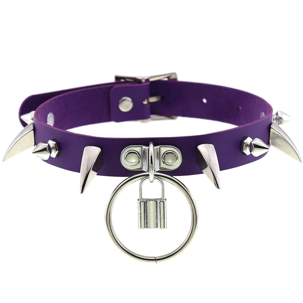 Purple spiked gothic lock choker with adjustable PU leather and metal hardware