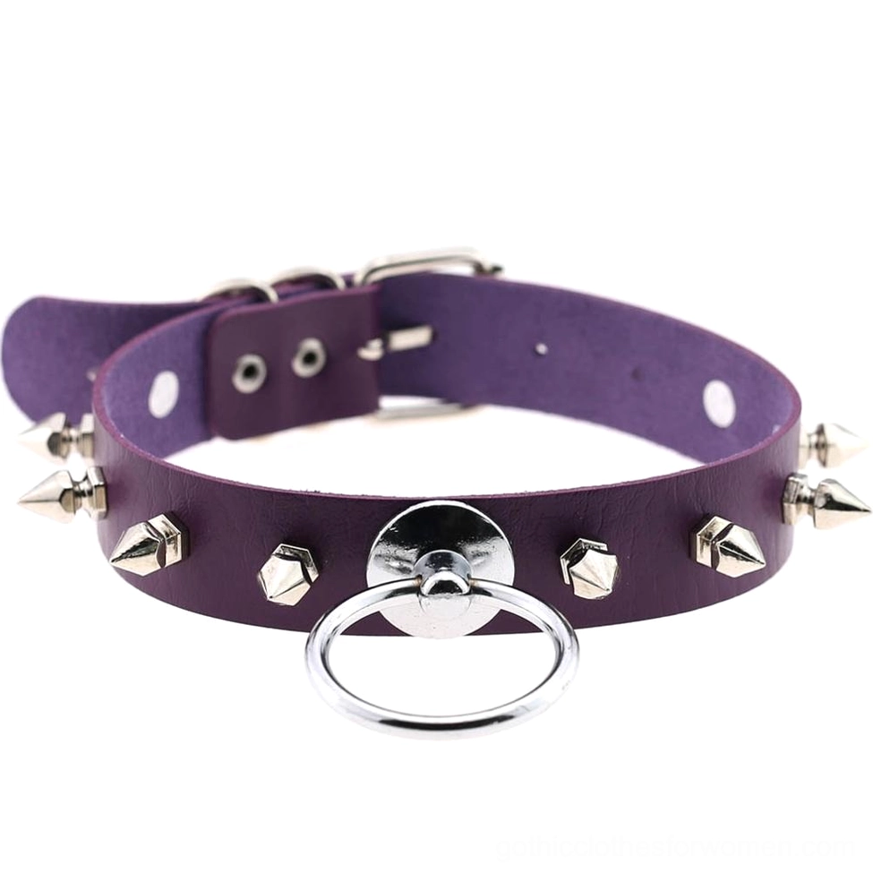 Dark purple studded gothic choker with metal cone spikes and central O-ring strap closure
