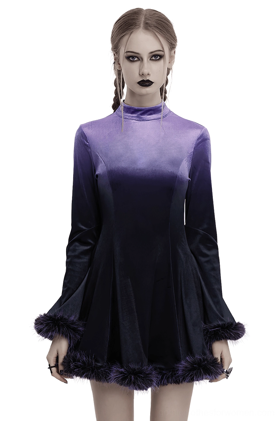 Purple gradient velvet gothic dress with bat embroidery and faux fur trim, front view on model wearing braided twin hair, studio photography