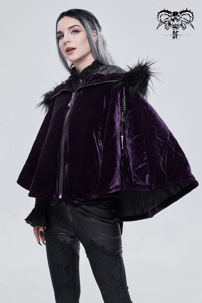 Full view of gothic purple velvet hooded cape with dramatic drape and faux fur trim