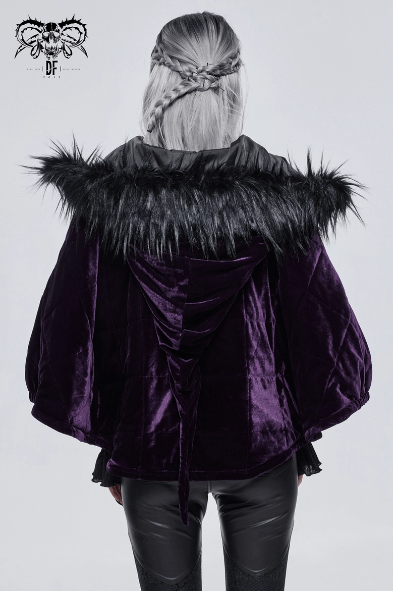 Gothic cape model wearing showing how purple velvet cape transforms silhouette and presence