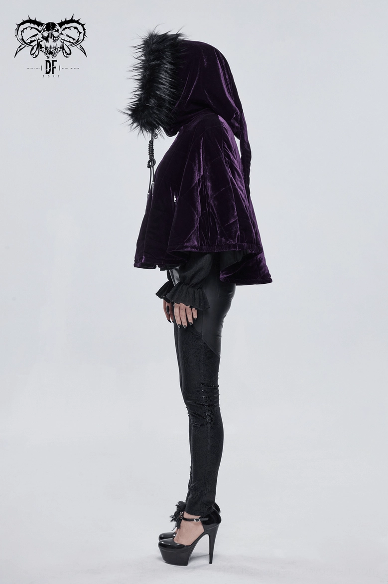 Gothic cape in rich purple velvet showing faux fur-lined hood and theatrical drape silhouette