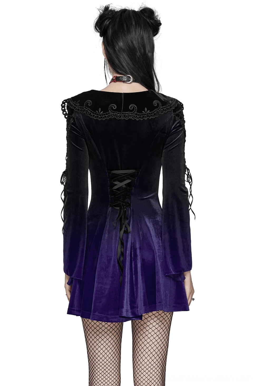 Purple gradient velvet gothic dress rear view showing corset lace-up back detail and flared sleeves with lace trim on model