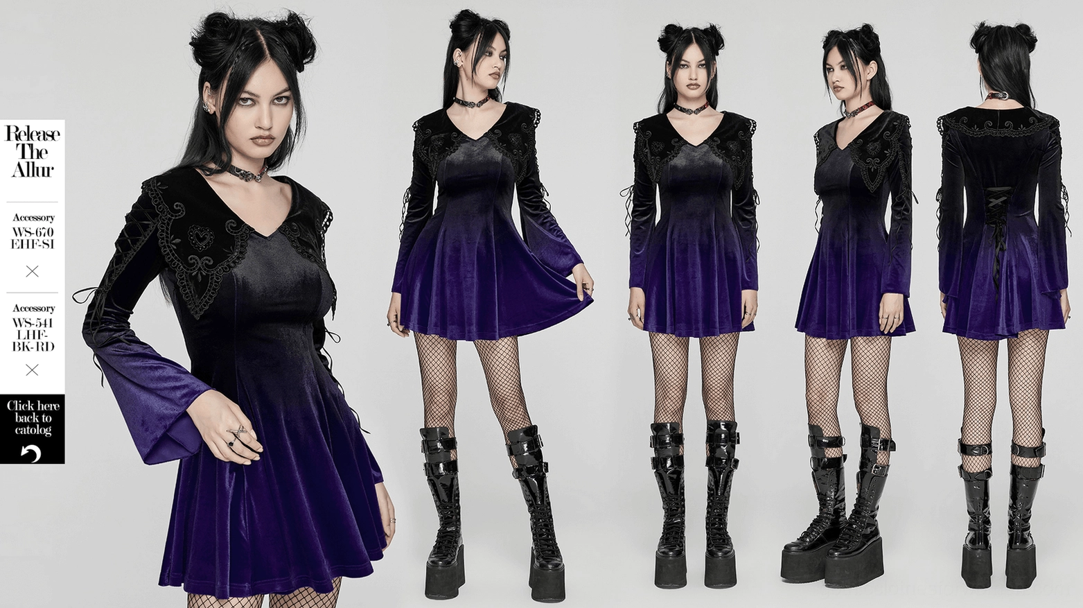Purple gradient velvet gothic dress complete overview showing all design elements and construction details