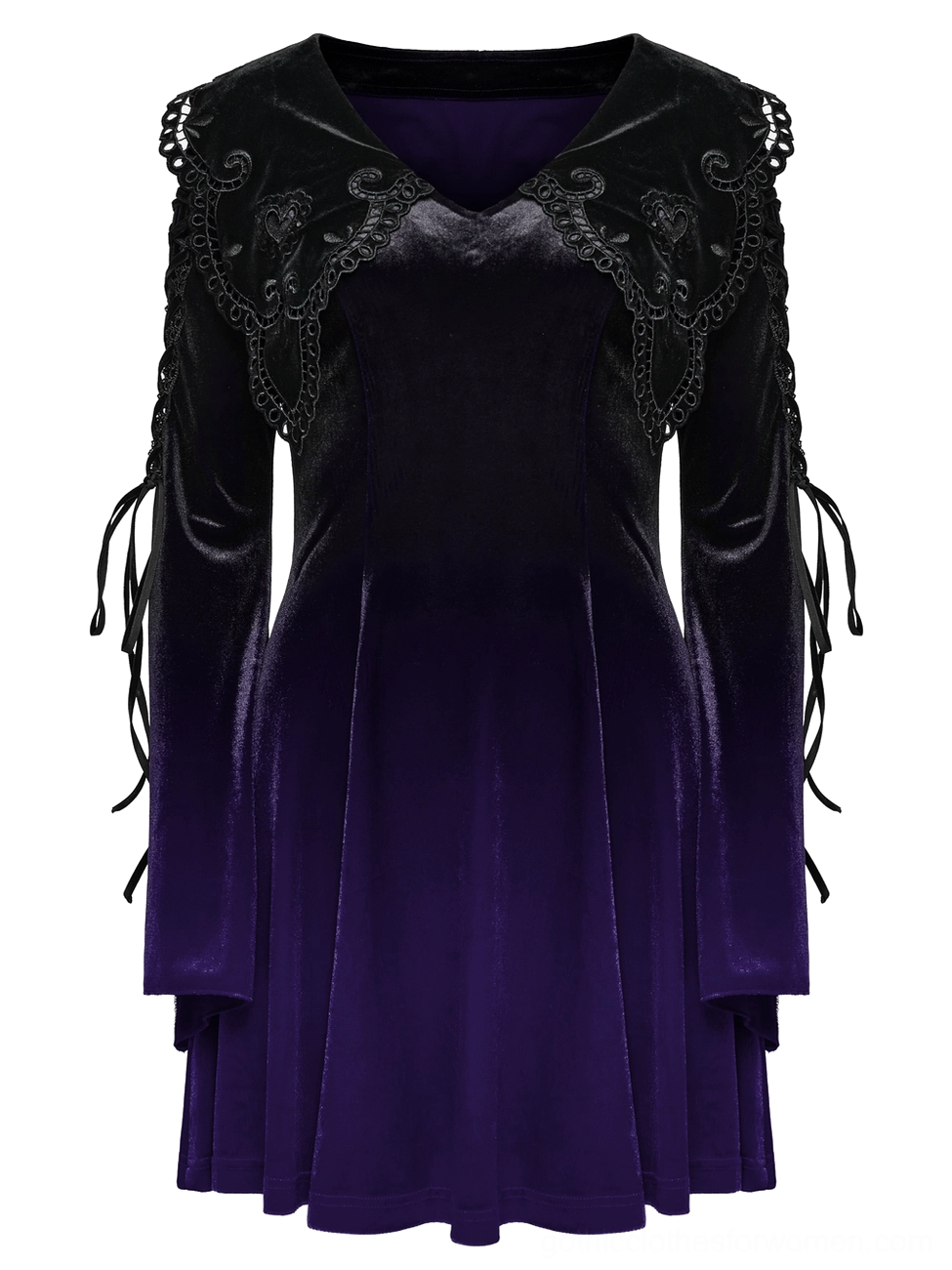Purple-black velvet gothic dress rear flat lay showing detailed corset lace-up back and embroidered lace yoke
