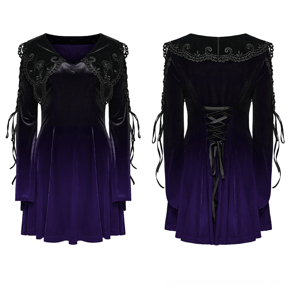 Purple-black gradient velvet gothic dress flat lay front view showcasing embroidered lace heart collar and A-line silhouette