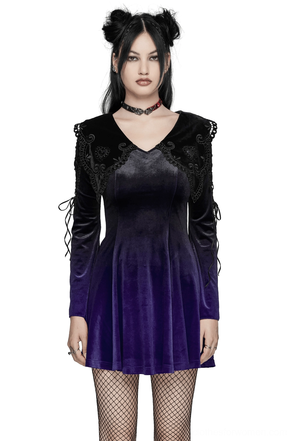 Purple gradient velvet gothic dress with heart collar and flared lace sleeves - front full-body view on model with twin buns wearing fishnet tights