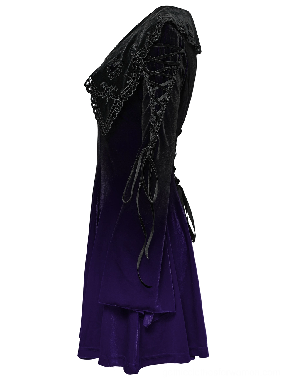 Purple-black gradient velvet gothic dress side view flat lay featuring flared A-line hem and lace-up sleeve details