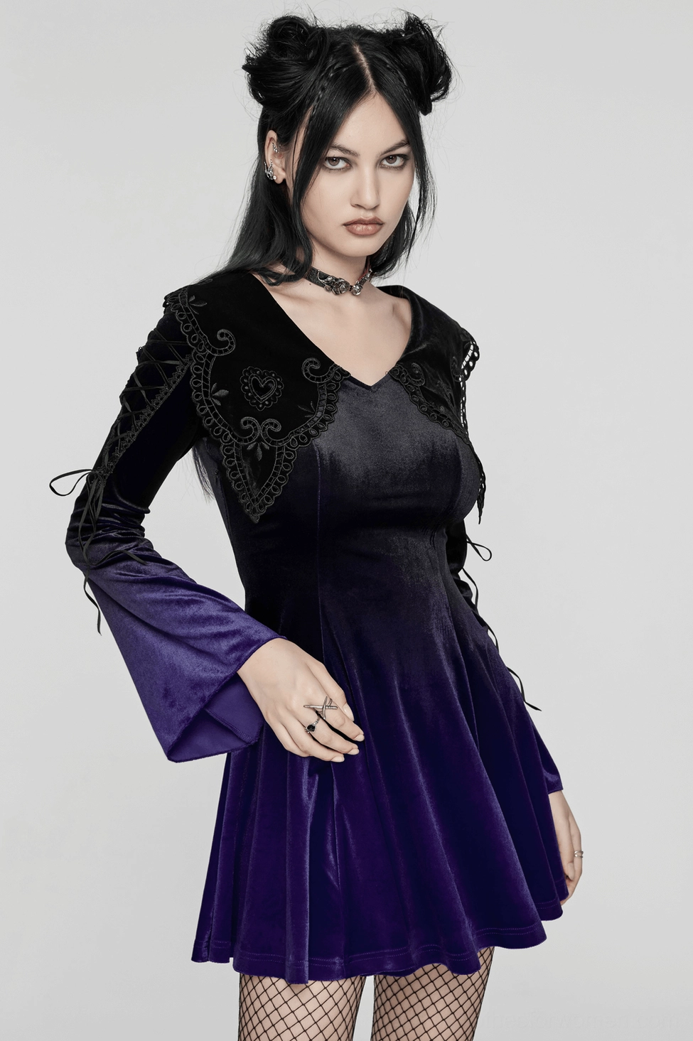 Purple velvet gothic dress sizing reference showing XS-S fit on model with detailed body measurements