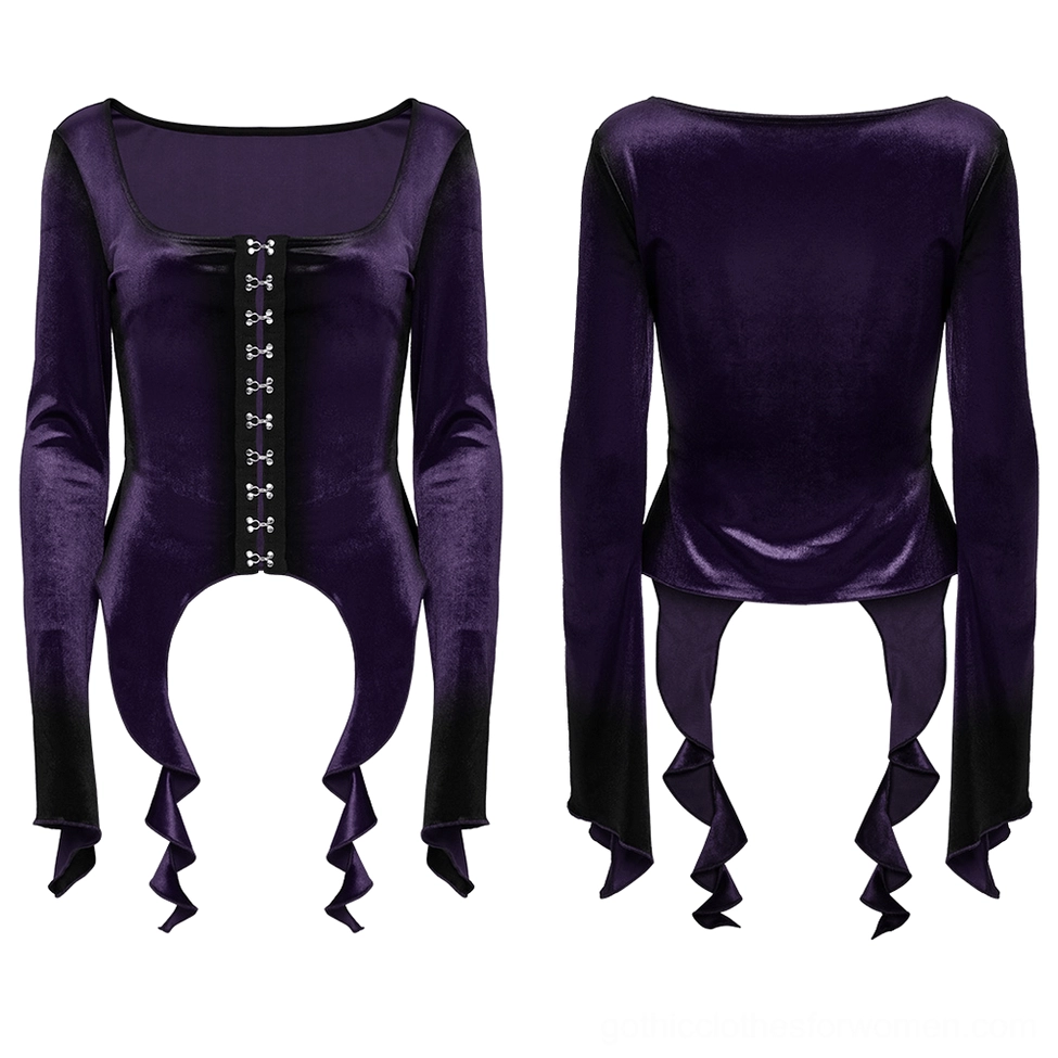 Purple velvet gothic top flat lay front and rear display showing metal buckle hardware and asymmetric hem construction