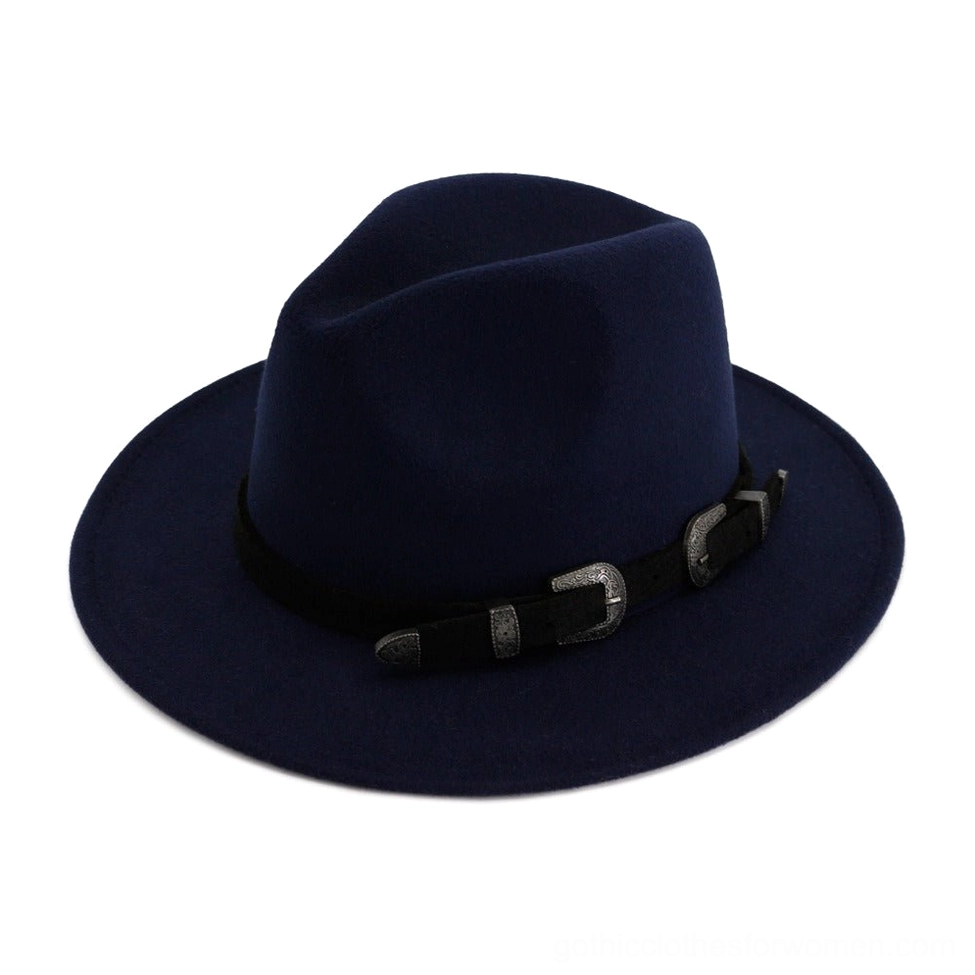 Purplish blue gothic fedora hat with vintage metal buckles and soft felt construction