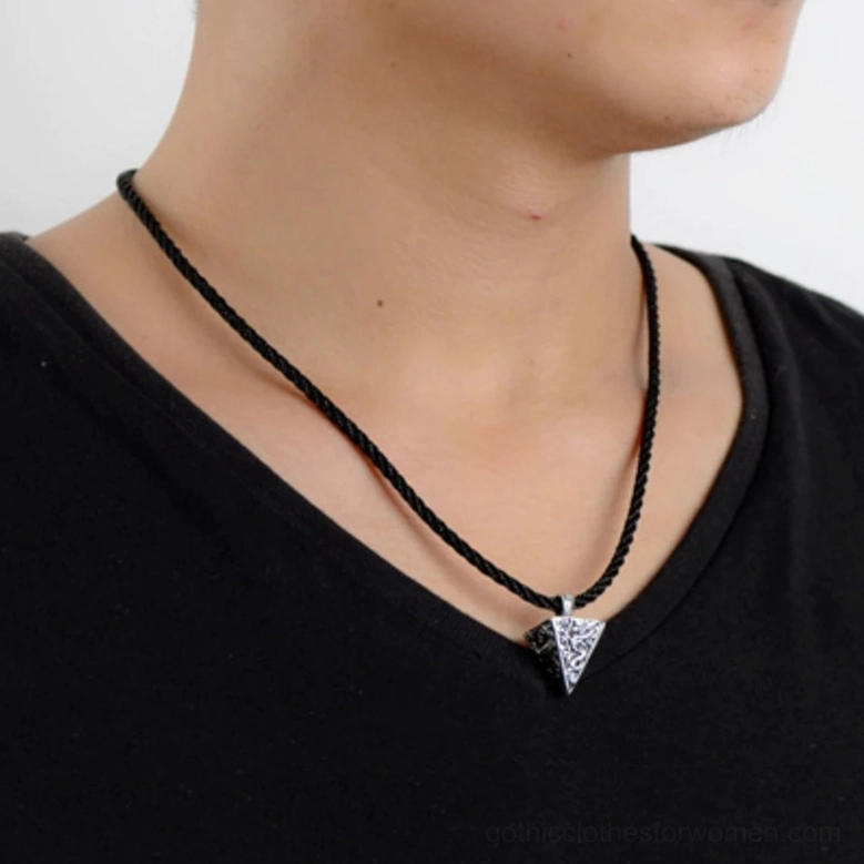 Antique pyramid silver pendant close-up showcasing 925 hallmark quality and vintage aesthetic, perfect for dark academia and gothic jewelry collections